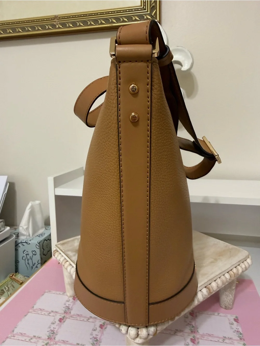 Michael Kors Cognac Pebbled Leather Bucket Shoulder Bag